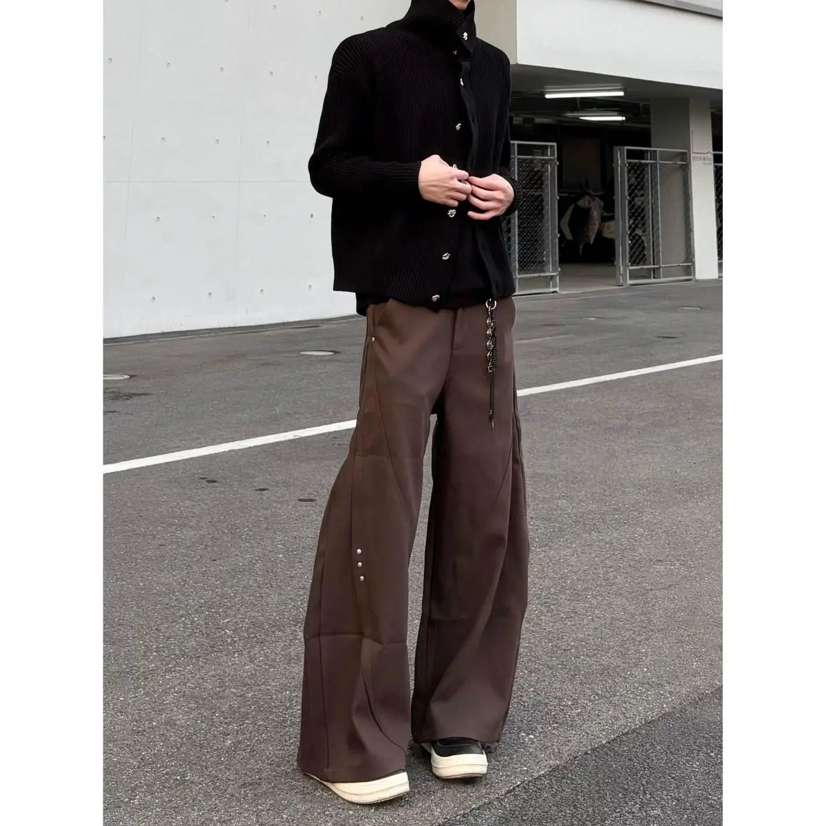 Y2k Streetwear Brown Baggy Pants Men Button Wide Leg Suit Pants Cleanfit Straight Long Curved Trouser Loose Casual
