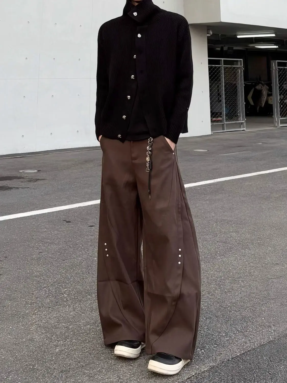 Y2k Streetwear Brown Baggy Pants Men Button Wide Leg Suit Pants Cleanfit Straight Long Curved Trouser Loose Casual