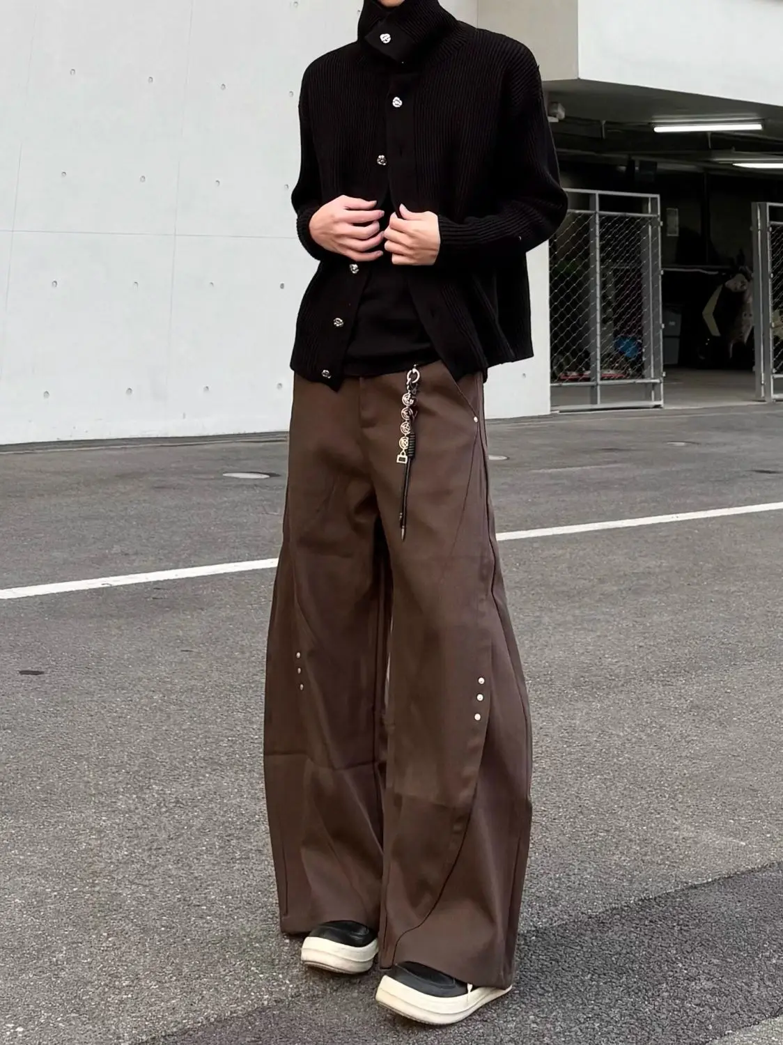 Y2k Streetwear Brown Baggy Pants Men Button Wide Leg Suit Pants Cleanfit Straight Long Curved Trouser Loose Casual