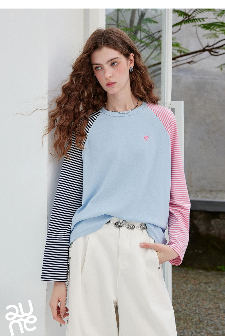 TOYOUTH Women's Long Sleeve T Shirt 2026 Autumn New EcoCosy Colorblock Raglan Stripe Sweet Cool Preppy Sporty Casual Tops