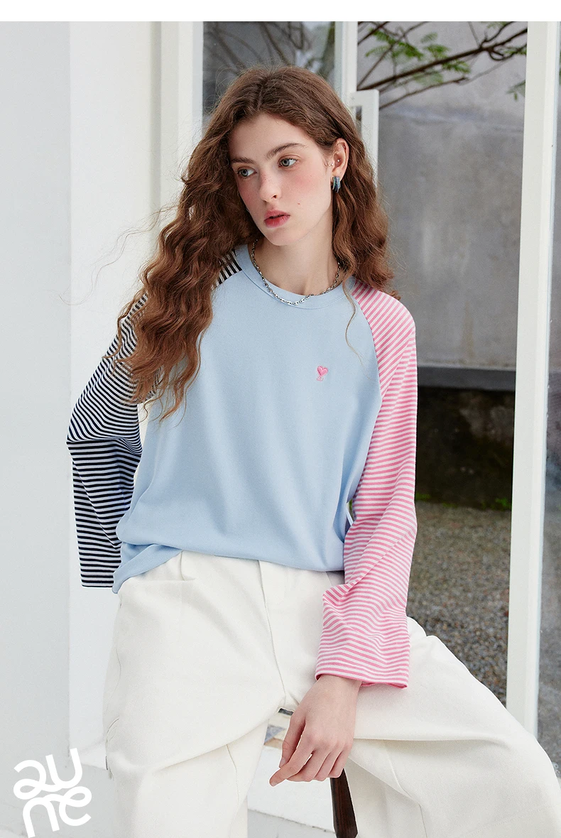 TOYOUTH Women's Long Sleeve T Shirt 2026 Autumn New EcoCosy Colorblock Raglan Stripe Sweet Cool Preppy Sporty Casual Tops