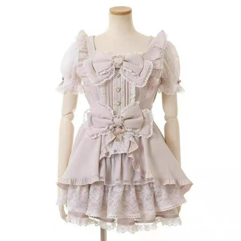 Japanese Style Lolita Dress Set Women Vintage Sweet Square Neck Lace Bow Short Sleeve Slim Party Dresses Ruffle Mini Cake Skirt