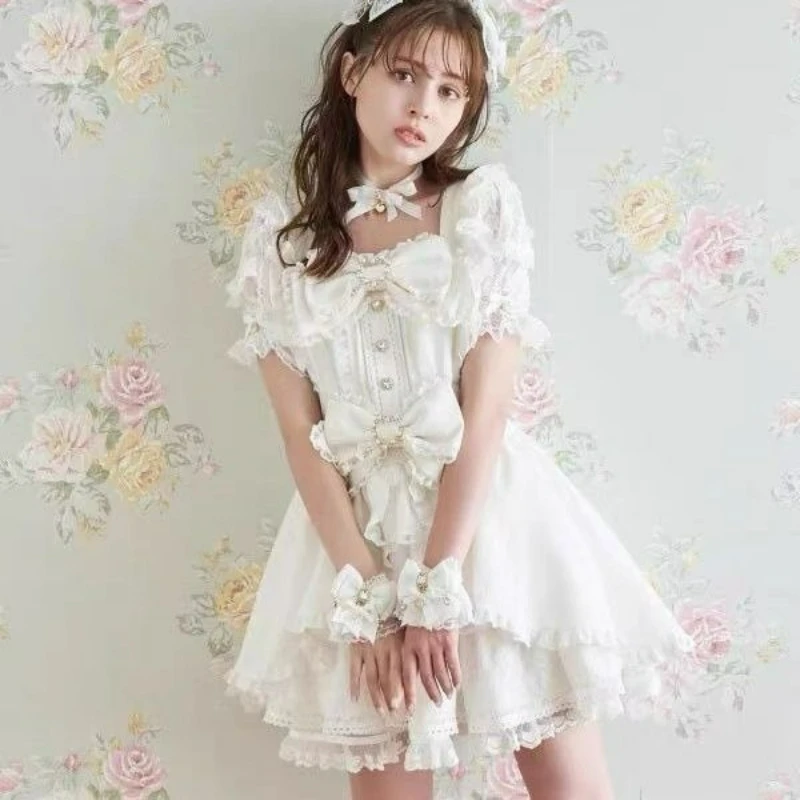 Japanese Style Lolita Dress Set Women Vintage Sweet Square Neck Lace Bow Short Sleeve Slim Party Dresses Ruffle Mini Cake Skirt