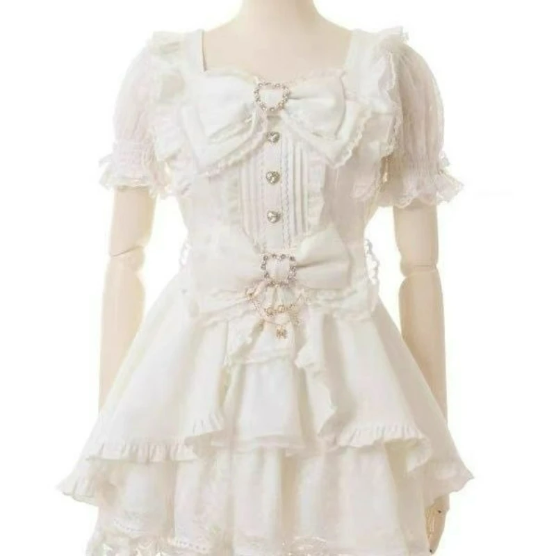 Japanese Style Lolita Dress Set Women Vintage Sweet Square Neck Lace Bow Short Sleeve Slim Party Dresses Ruffle Mini Cake Skirt
