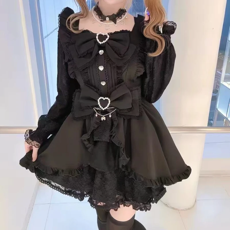 Japanese Style Lolita Dress Set Women Vintage Sweet Square Neck Lace Bow Short Sleeve Slim Party Dresses Ruffle Mini Cake Skirt