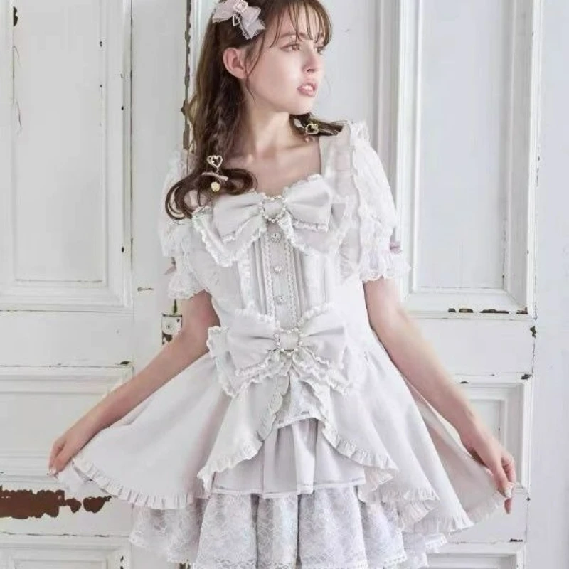 Japanese Style Lolita Dress Set Women Vintage Sweet Square Neck Lace Bow Short Sleeve Slim Party Dresses Ruffle Mini Cake Skirt