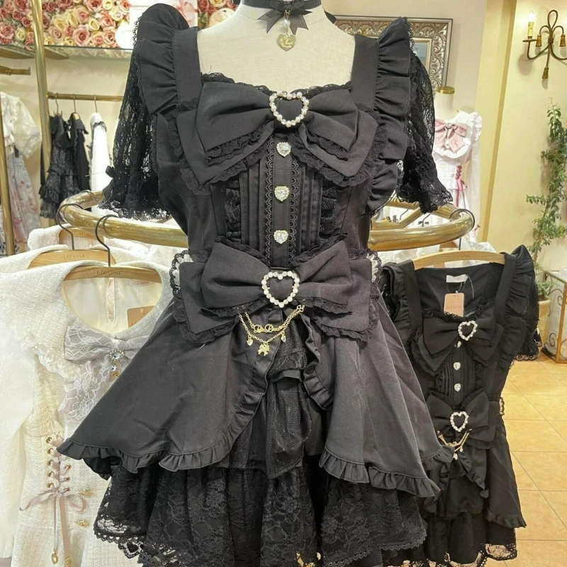 Japanese Style Lolita Dress Set Women Vintage Sweet Square Neck Lace Bow Short Sleeve Slim Party Dresses Ruffle Mini Cake Skirt