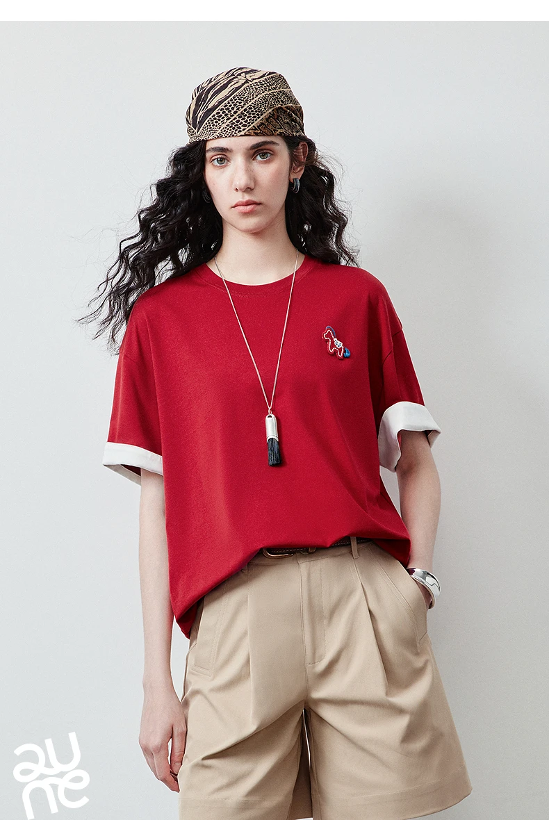 TOYOUTH Women's T Shirt 2026 Summer New Color Blocking Patchwork Short Sleeve Lyocell Pony Print Soft Unique Niche Top
