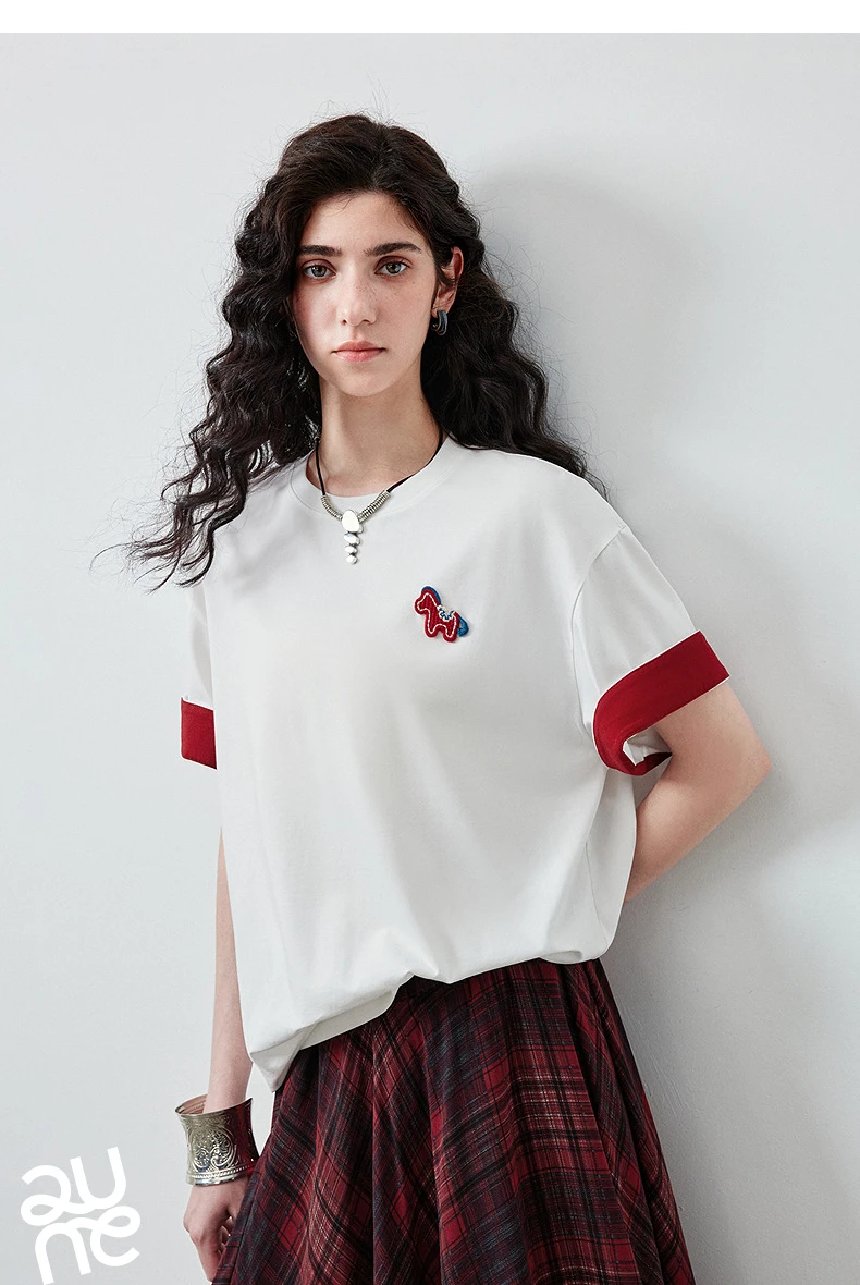 TOYOUTH Women's T Shirt 2026 Summer New Color Blocking Patchwork Short Sleeve Lyocell Pony Print Soft Unique Niche Top