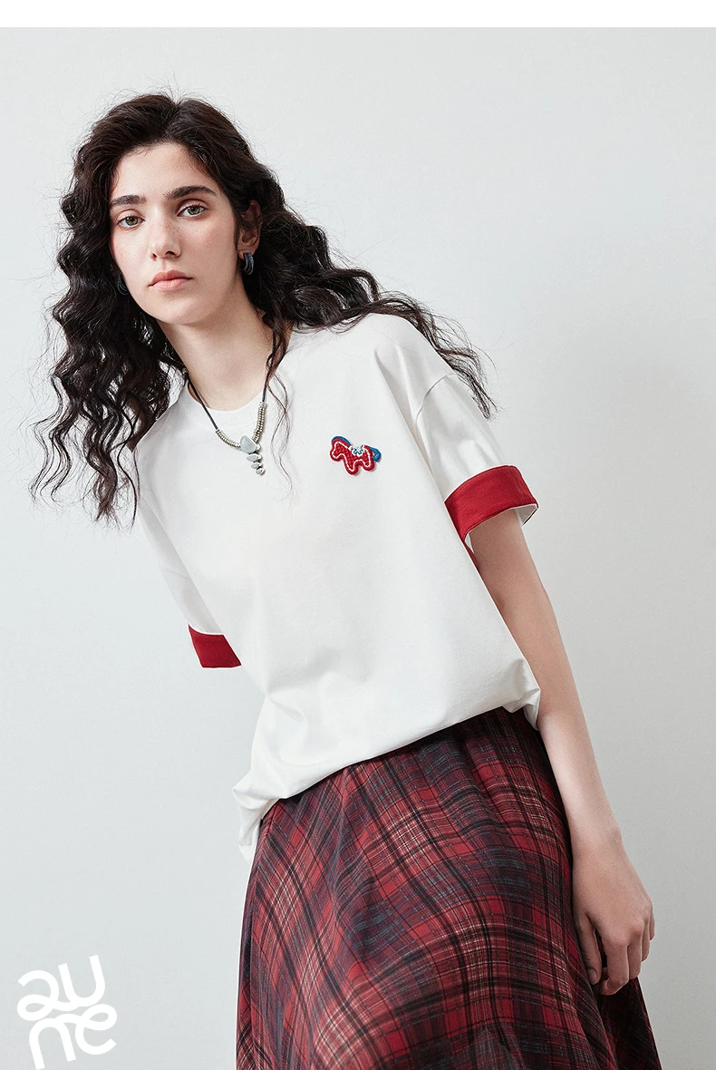 TOYOUTH Women's T Shirt 2026 Summer New Color Blocking Patchwork Short Sleeve Lyocell Pony Print Soft Unique Niche Top