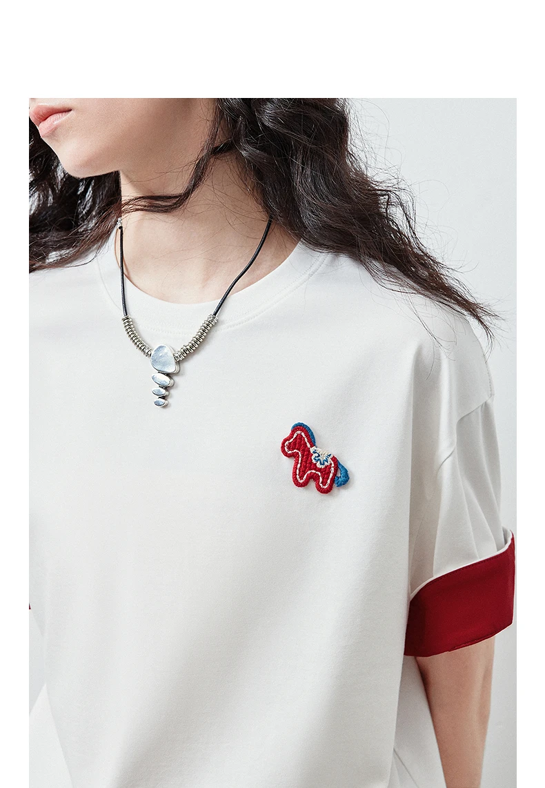 TOYOUTH Women's T Shirt 2026 Summer New Color Blocking Patchwork Short Sleeve Lyocell Pony Print Soft Unique Niche Top