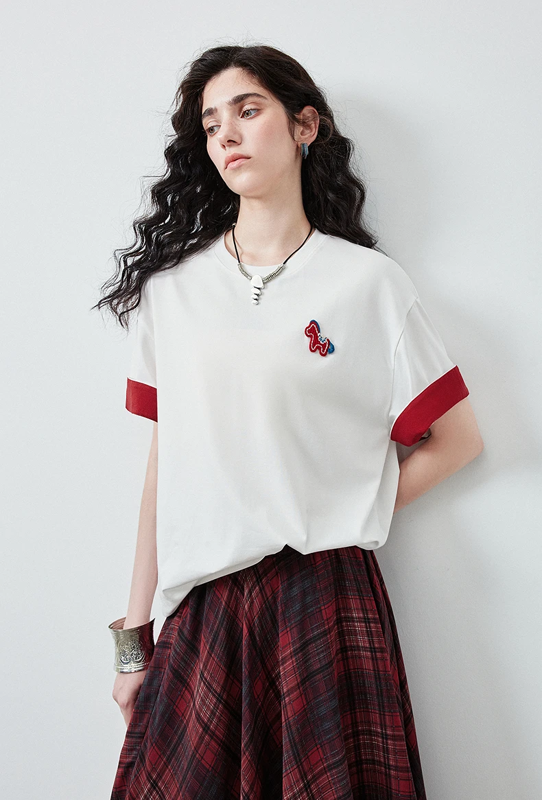TOYOUTH Women's T Shirt 2026 Summer New Color Blocking Patchwork Short Sleeve Lyocell Pony Print Soft Unique Niche Top