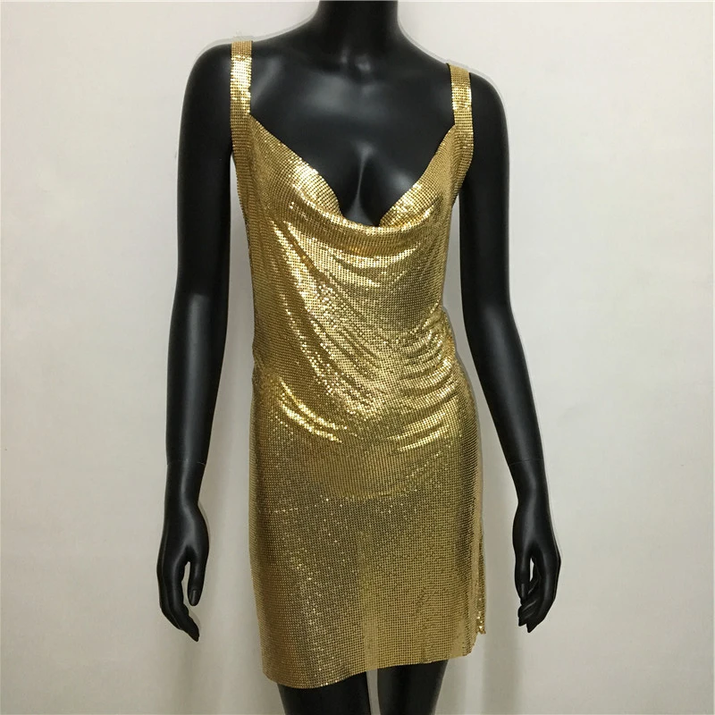 Sexy Metallic Sequin Mini Dress For Women Backless Cocktail Club Glitter Low Cut Halter Dress Rave Party Nightclub Dresses