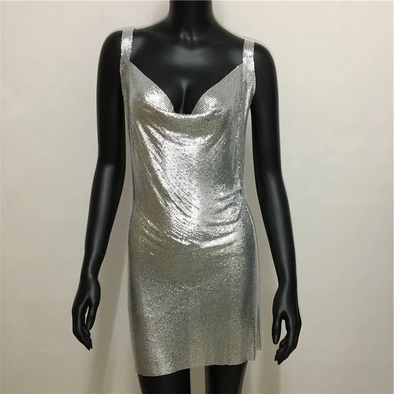 Sexy Metallic Sequin Mini Dress For Women Backless Cocktail Club Glitter Low Cut Halter Dress Rave Party Nightclub Dresses