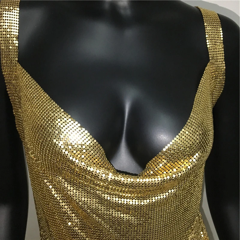 Sexy Metallic Sequin Mini Dress For Women Backless Cocktail Club Glitter Low Cut Halter Dress Rave Party Nightclub Dresses