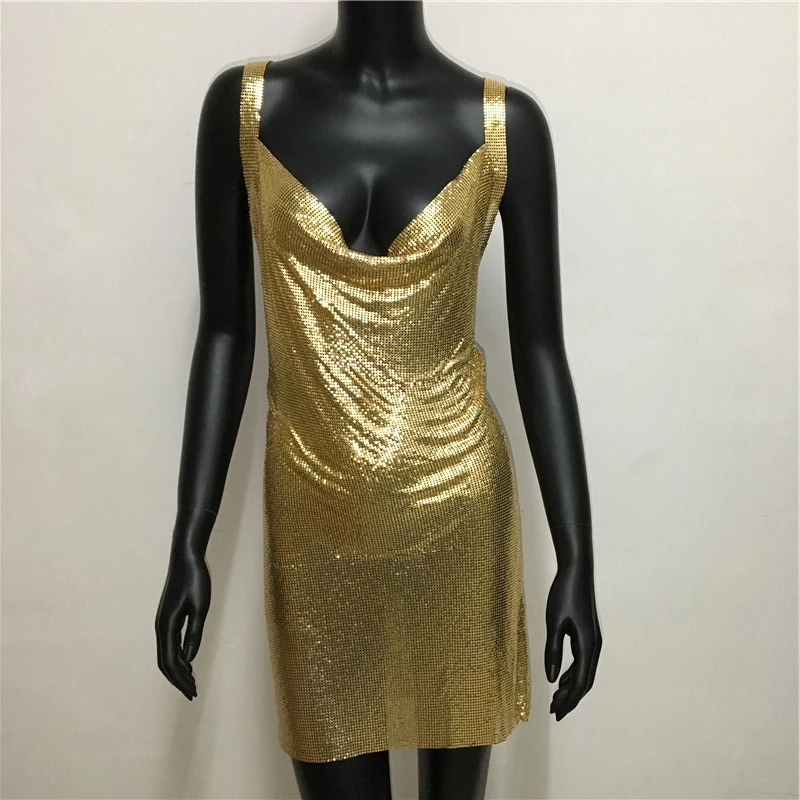 Sexy Metallic Sequin Mini Dress For Women Backless Cocktail Club Glitter Low Cut Halter Dress Rave Party Nightclub Dresses