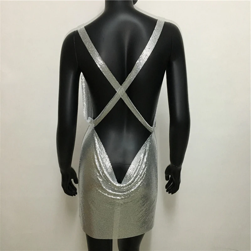 Sexy Metallic Sequin Mini Dress For Women Backless Cocktail Club Glitter Low Cut Halter Dress Rave Party Nightclub Dresses