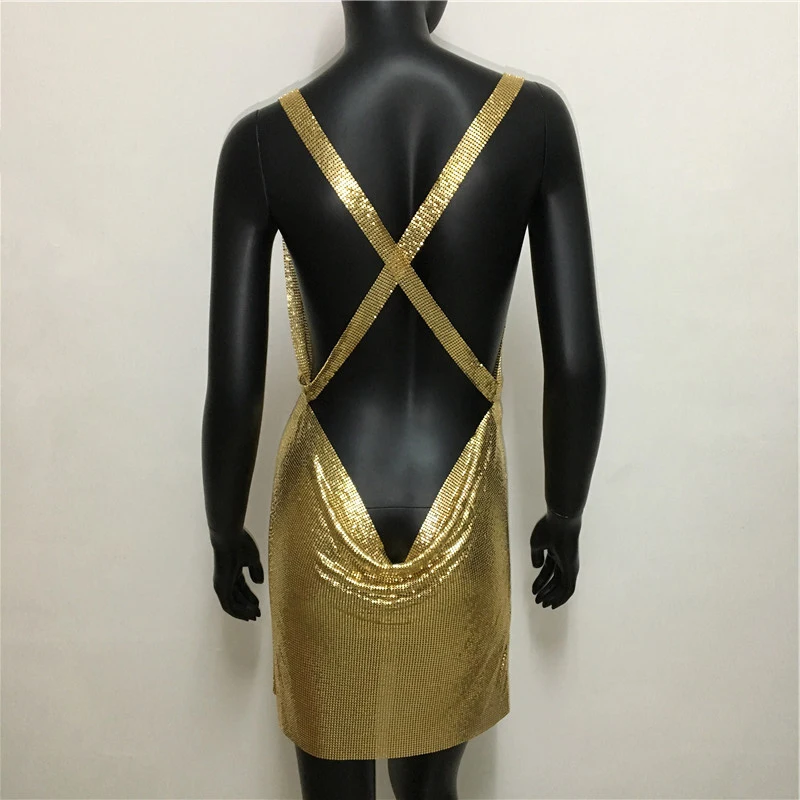 Sexy Metallic Sequin Mini Dress For Women Backless Cocktail Club Glitter Low Cut Halter Dress Rave Party Nightclub Dresses