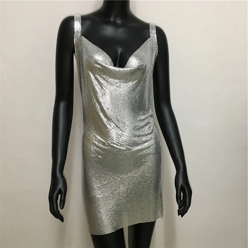 Sexy Metallic Sequin Mini Dress For Women Backless Cocktail Club Glitter Low Cut Halter Dress Rave Party Nightclub Dresses