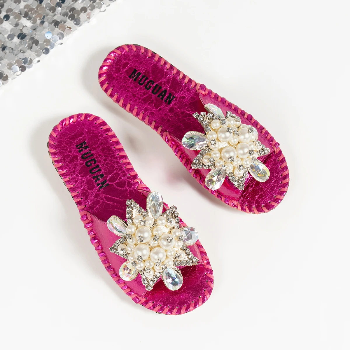 Aphixta New Gold Crystal Flower Flat With Sandals Women Summer Round Toe Shoes Outdoor Soft Sole Bling Slides Big Size 43