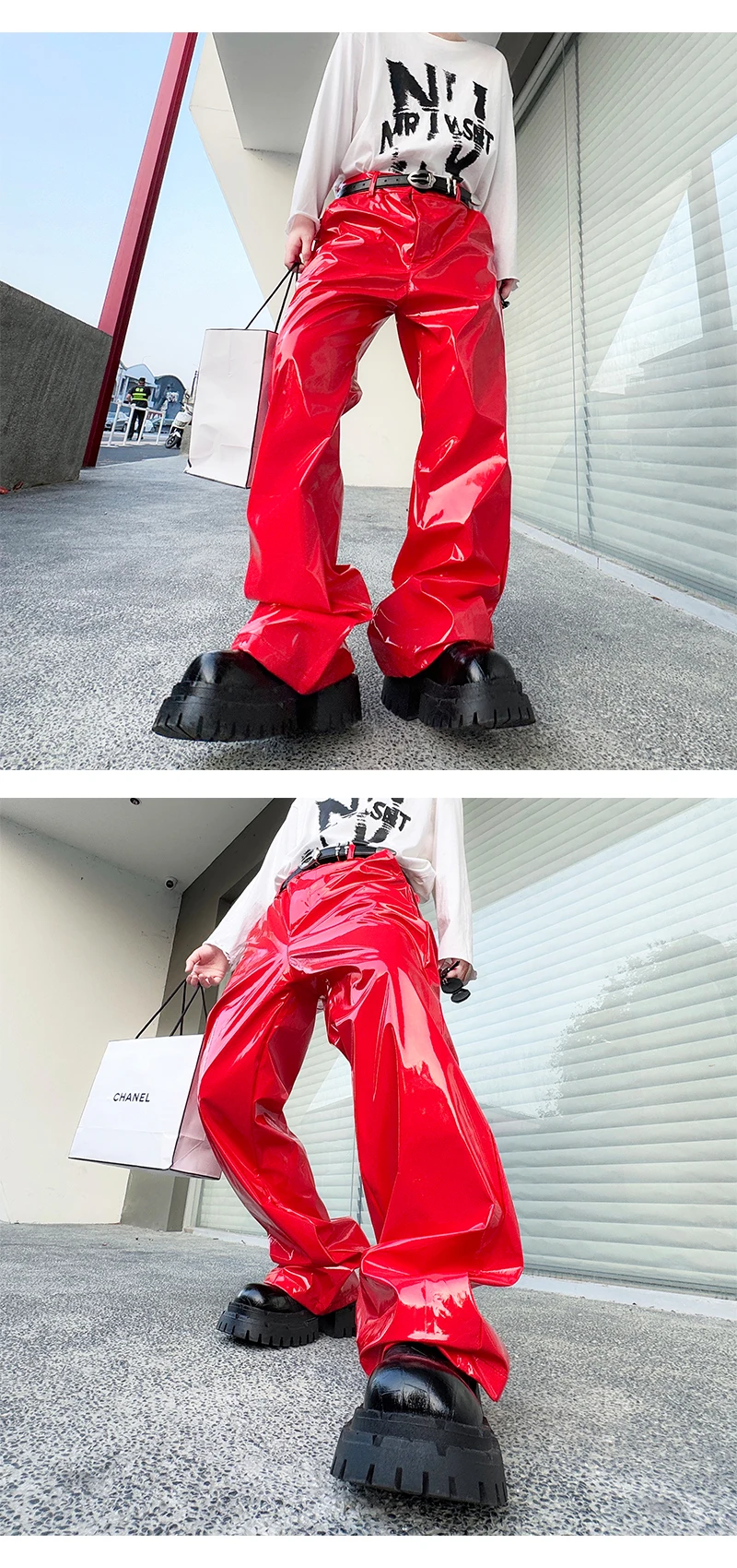 Shiny Black Red Silver Leather Pant Men Streetwear Fashion Hip Hop Punk Loose Casual Leather Pants Trousers Stage Clothes