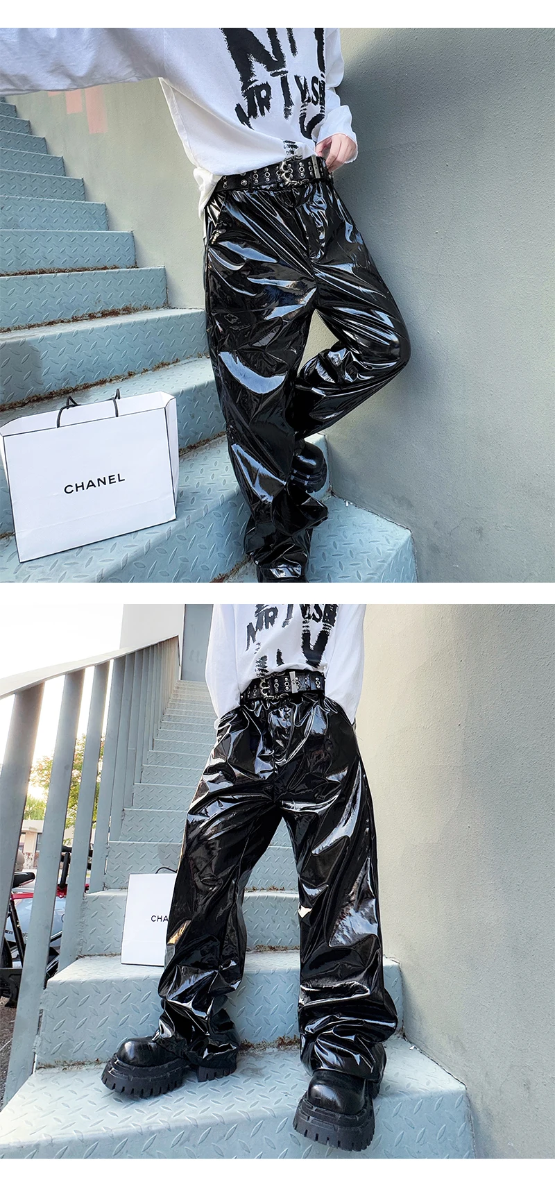 Shiny Black Red Silver Leather Pant Men Streetwear Fashion Hip Hop Punk Loose Casual Leather Pants Trousers Stage Clothes