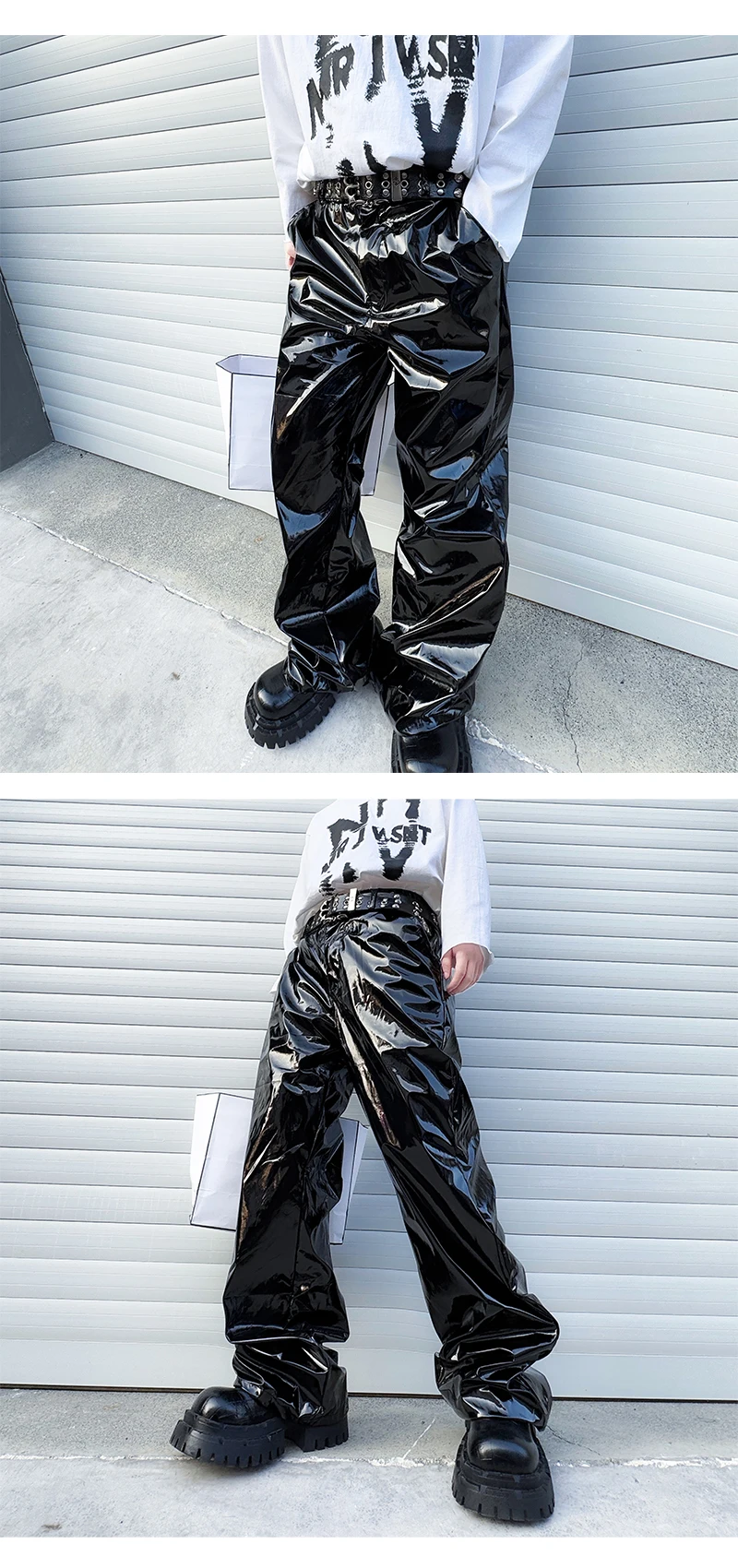 Shiny Black Red Silver Leather Pant Men Streetwear Fashion Hip Hop Punk Loose Casual Leather Pants Trousers Stage Clothes