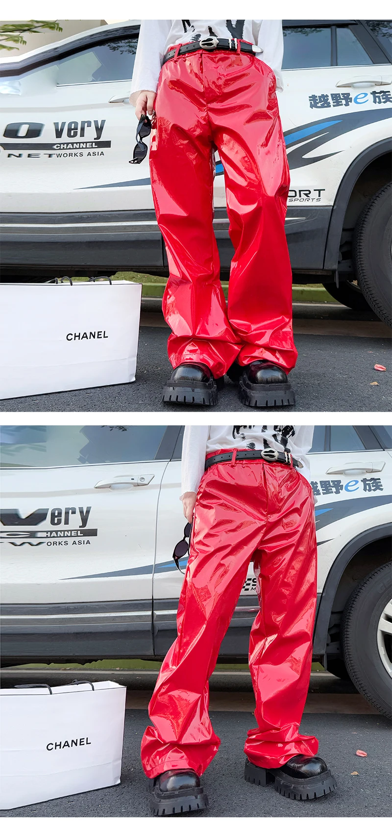 Shiny Black Red Silver Leather Pant Men Streetwear Fashion Hip Hop Punk Loose Casual Leather Pants Trousers Stage Clothes
