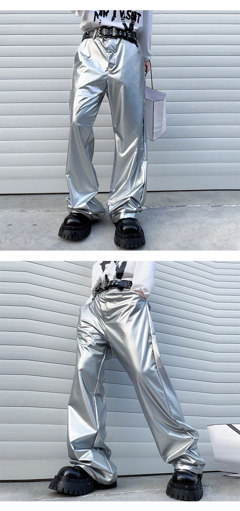 Shiny Black Red Silver Leather Pant Men Streetwear Fashion Hip Hop Punk Loose Casual Leather Pants Trousers Stage Clothes