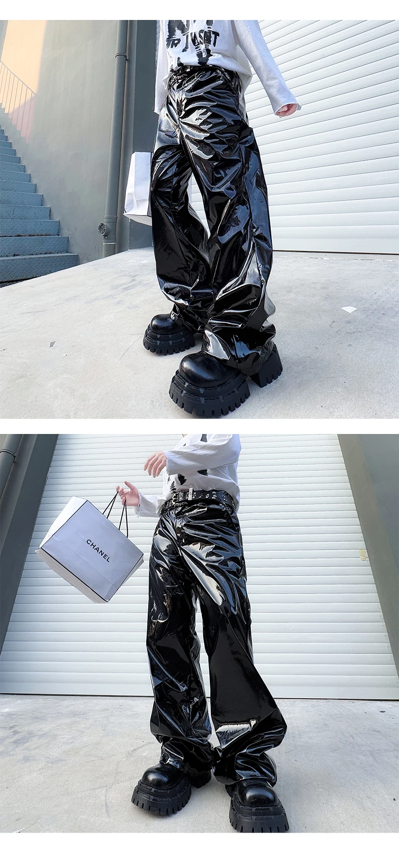 Shiny Black Red Silver Leather Pant Men Streetwear Fashion Hip Hop Punk Loose Casual Leather Pants Trousers Stage Clothes