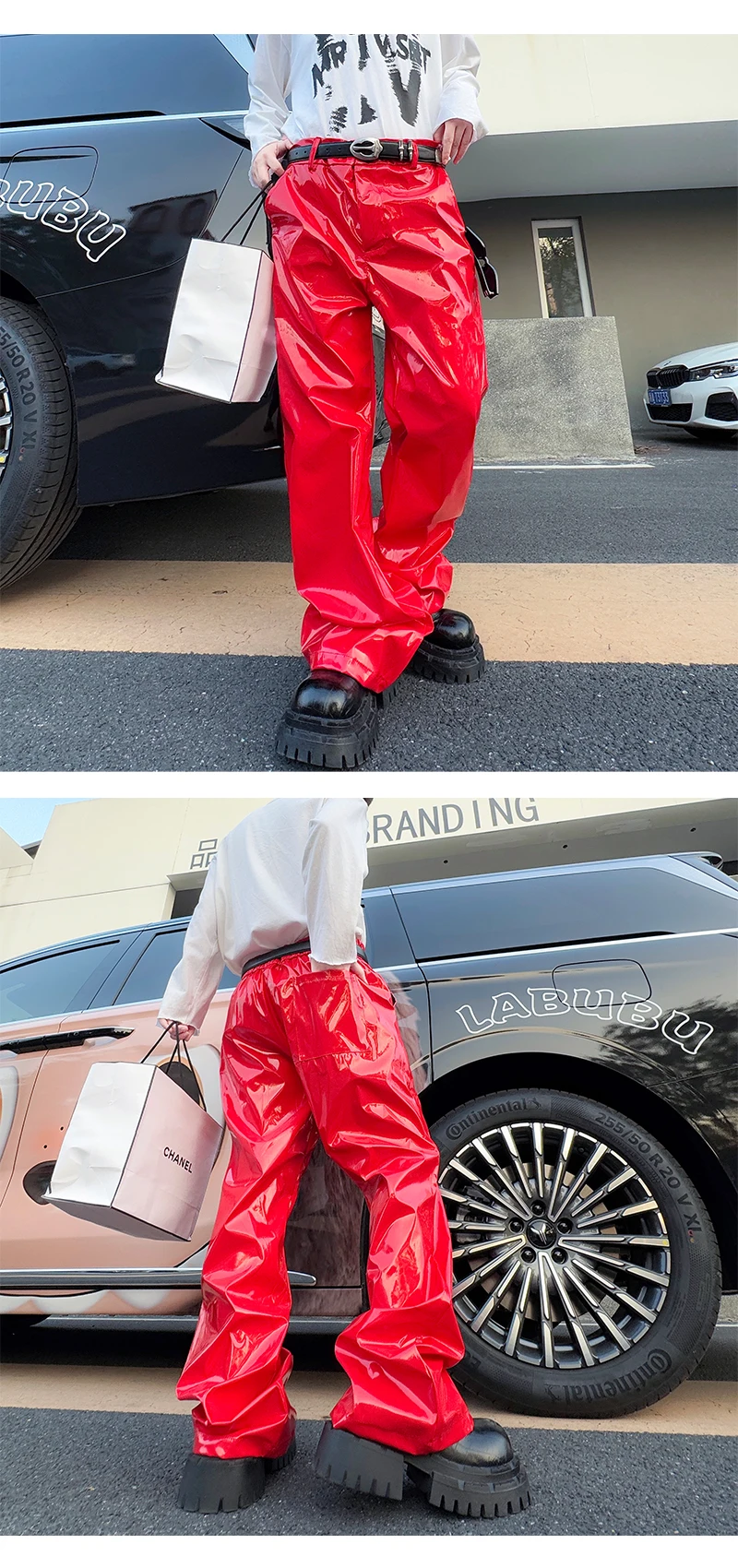 Shiny Black Red Silver Leather Pant Men Streetwear Fashion Hip Hop Punk Loose Casual Leather Pants Trousers Stage Clothes