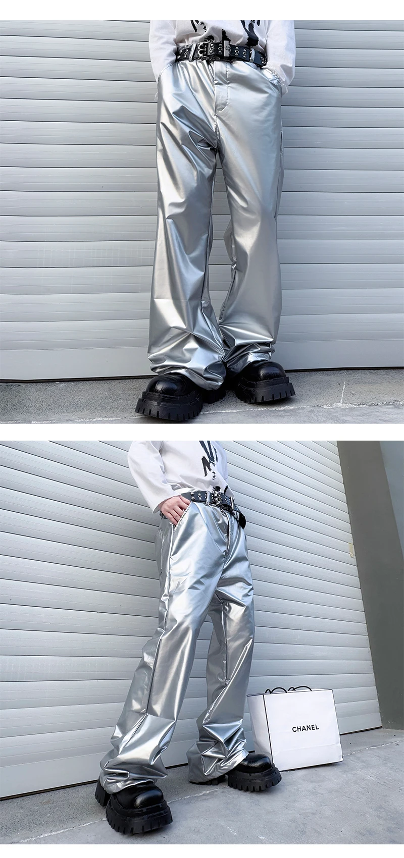 Shiny Black Red Silver Leather Pant Men Streetwear Fashion Hip Hop Punk Loose Casual Leather Pants Trousers Stage Clothes