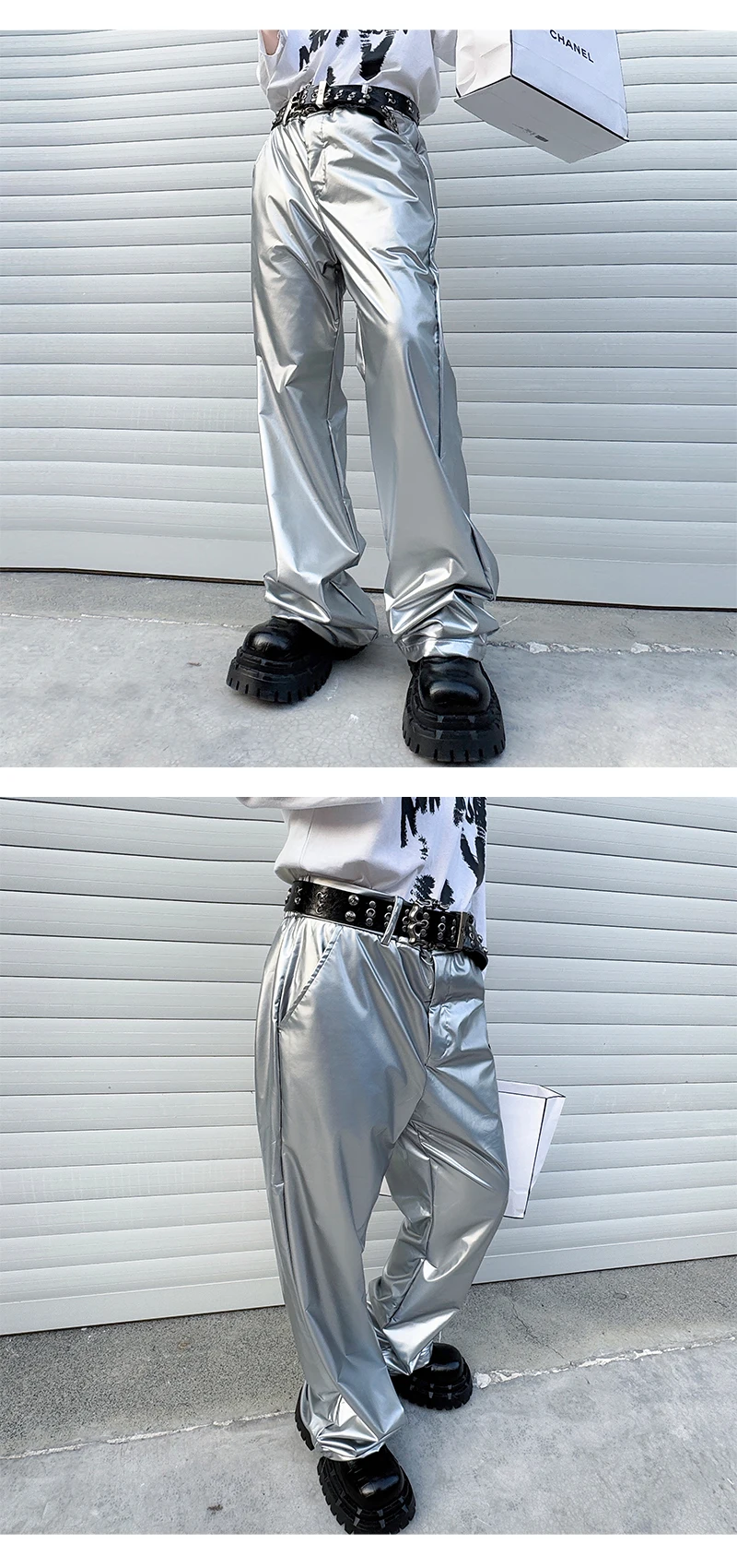 Shiny Black Red Silver Leather Pant Men Streetwear Fashion Hip Hop Punk Loose Casual Leather Pants Trousers Stage Clothes
