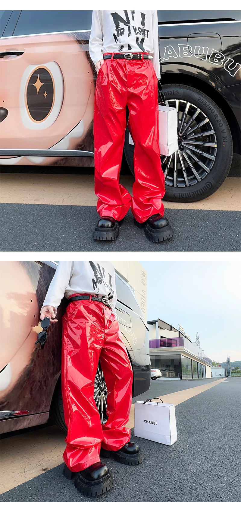 Shiny Black Red Silver Leather Pant Men Streetwear Fashion Hip Hop Punk Loose Casual Leather Pants Trousers Stage Clothes