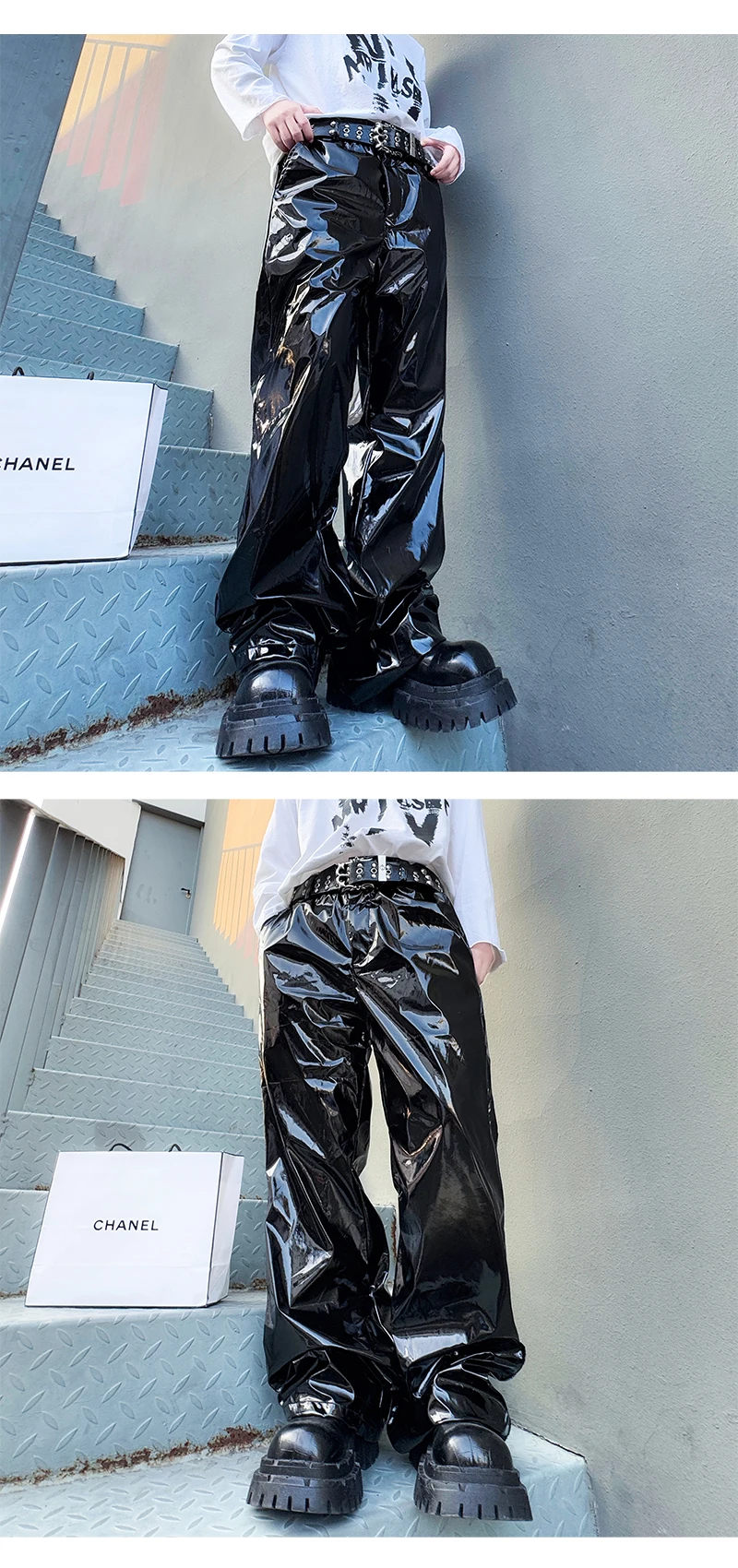 Shiny Black Red Silver Leather Pant Men Streetwear Fashion Hip Hop Punk Loose Casual Leather Pants Trousers Stage Clothes