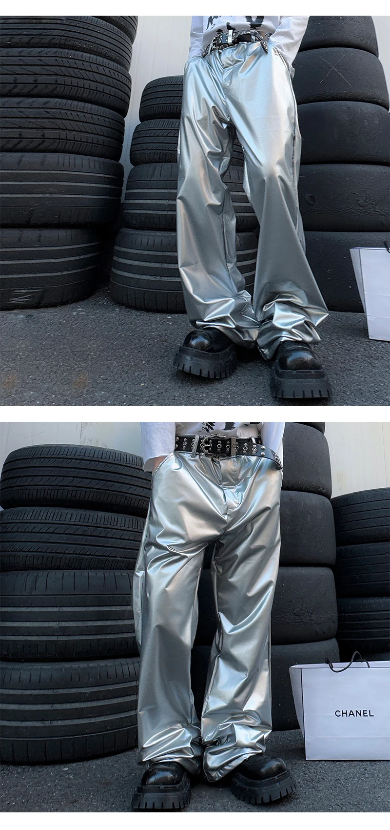 Shiny Black Red Silver Leather Pant Men Streetwear Fashion Hip Hop Punk Loose Casual Leather Pants Trousers Stage Clothes