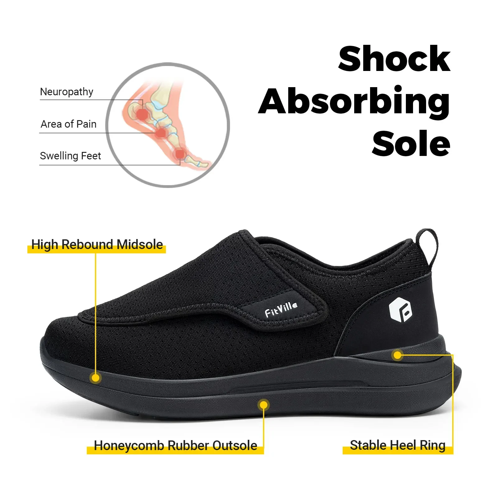 FitVille Men'S Diabetic Shoes Extra Wide 2E For Elder Orthopedics Feet Swollen Adjustable Walking Shoe Elderly Foot Pain Relief