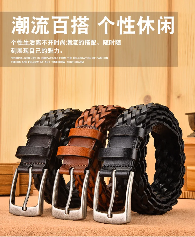 Men Real Cowhide Belt Woven Casual Buckle Layer Hollow Hand Woven Fashion Couple Personalized Student Luxury Jeans New Design