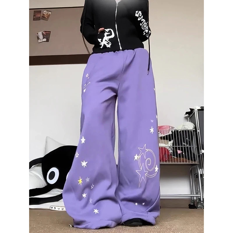 ZHIZOU Women's Purple Star Pants Harajuku Baggy Sweatpants 2000s Y2k Vintage Streetwear Japanese 2000s Trousers Spring Clothes