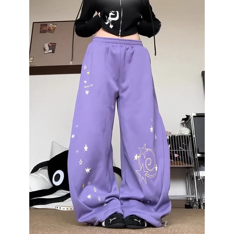 ZHIZOU Women's Purple Star Pants Harajuku Baggy Sweatpants 2000s Y2k Vintage Streetwear Japanese 2000s Trousers Spring Clothes