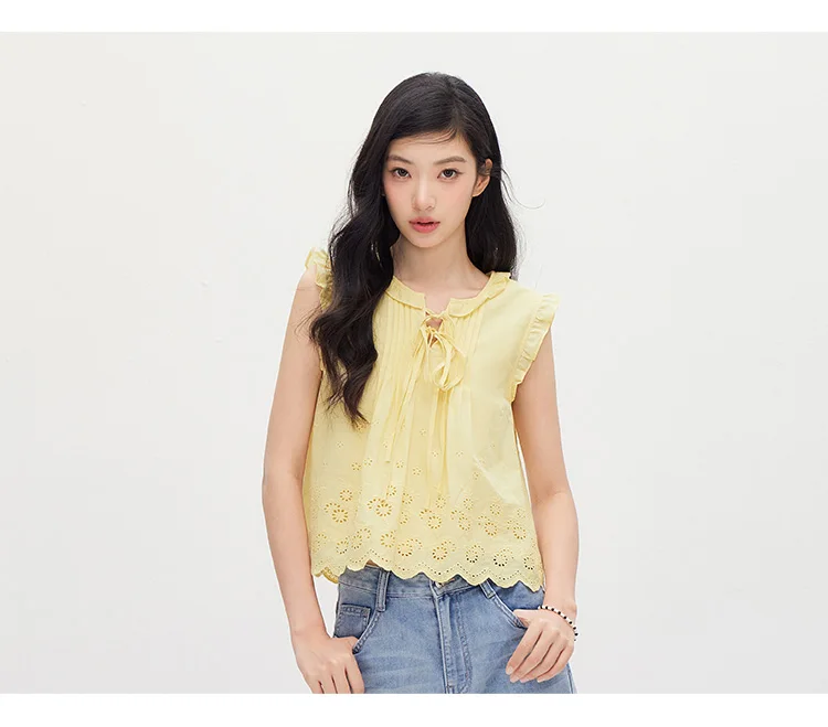 Semir Women Shirt Cotton Embroidered Bow Short Length Ruffle Lace Sweet Stylish 2026 Summer Casual Fashion Versatile Top