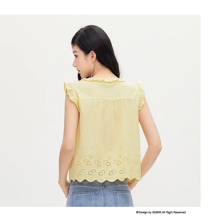 Semir Women Shirt Cotton Embroidered Bow Short Length Ruffle Lace Sweet Stylish 2026 Summer Casual Fashion Versatile Top