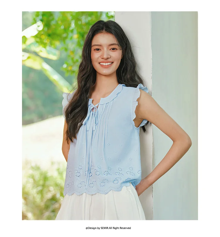 Semir Women Shirt Cotton Embroidered Bow Short Length Ruffle Lace Sweet Stylish 2026 Summer Casual Fashion Versatile Top