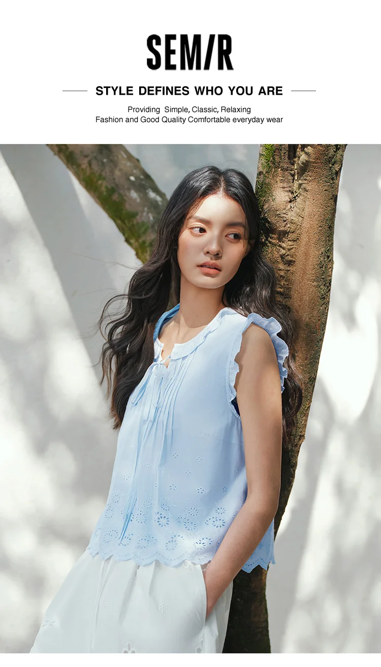 Semir Women Shirt Cotton Embroidered Bow Short Length Ruffle Lace Sweet Stylish 2026 Summer Casual Fashion Versatile Top