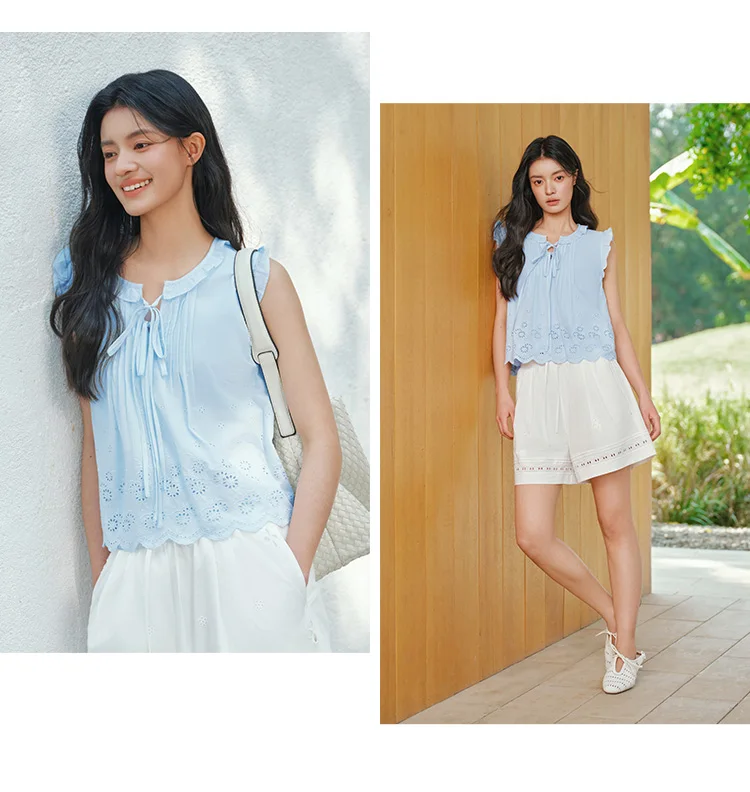 Semir Women Shirt Cotton Embroidered Bow Short Length Ruffle Lace Sweet Stylish 2026 Summer Casual Fashion Versatile Top