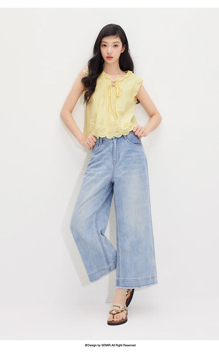 Semir Women Shirt Cotton Embroidered Bow Short Length Ruffle Lace Sweet Stylish 2026 Summer Casual Fashion Versatile Top