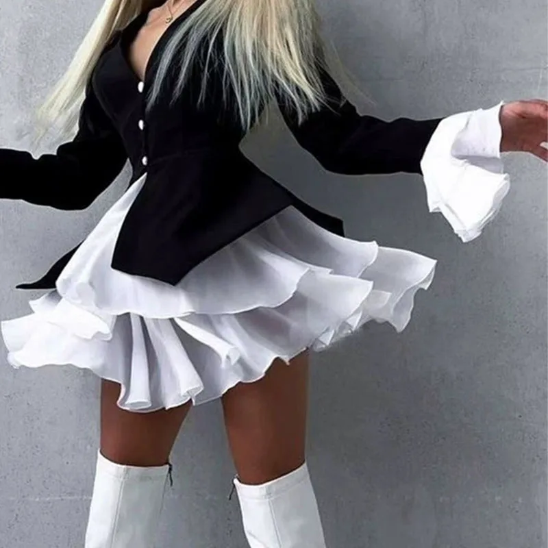 Elegant Button Slim Party Dress Fashion Contrast Color Long Sleeve A-line Dress Temperament Lady V-neck High Waist Pleated Dress