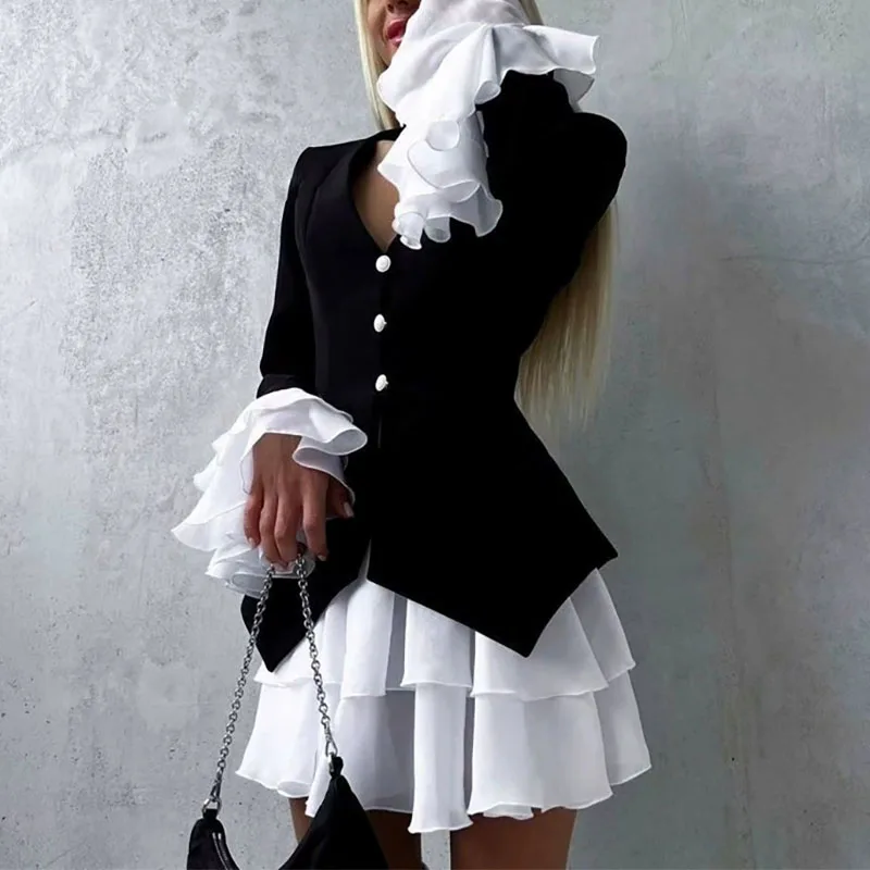 Elegant Button Slim Party Dress Fashion Contrast Color Long Sleeve A-line Dress Temperament Lady V-neck High Waist Pleated Dress
