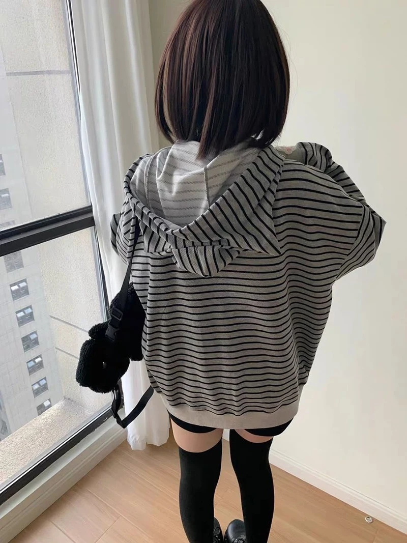 Cartoon Embroidery Women Hoodies Japanese Sweet Cute Cat Ears Striped Hooded Sweatshirts Harajuku Streetwear Loose Casual Coats
