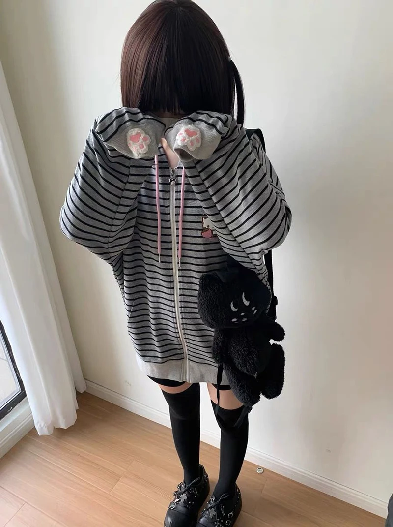 Cartoon Embroidery Women Hoodies Japanese Sweet Cute Cat Ears Striped Hooded Sweatshirts Harajuku Streetwear Loose Casual Coats